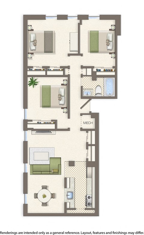 Floor plan for 3 beds, 1 bath, 954 sqft